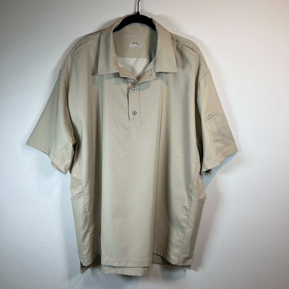 Under Armour All Season Gear Performance Golf Polo Shirt Beige Stretch  Men's XL
